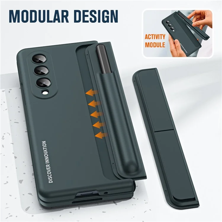 Para Samsung Galaxy Z Fold4 5G Funda de teléfono plegable con soporte oculto Funda dura de PC con ranura para lápiz Cubierta anti-caída con película protectora de pantalla de vidrio templado - Verde
