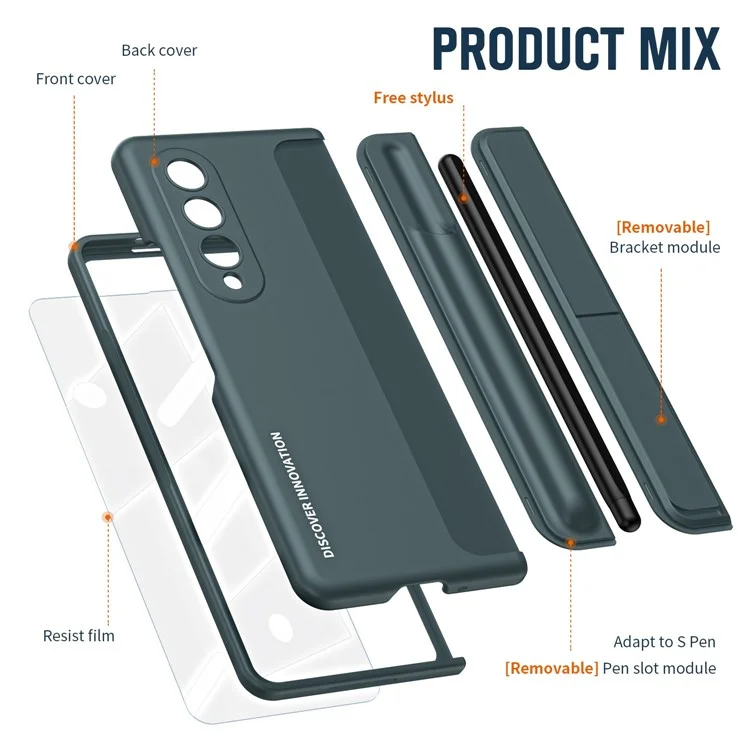Para Samsung Galaxy Z Fold4 5G Funda de teléfono plegable con soporte oculto Funda dura de PC con ranura para lápiz Cubierta anti-caída con película protectora de pantalla de vidrio templado - Verde