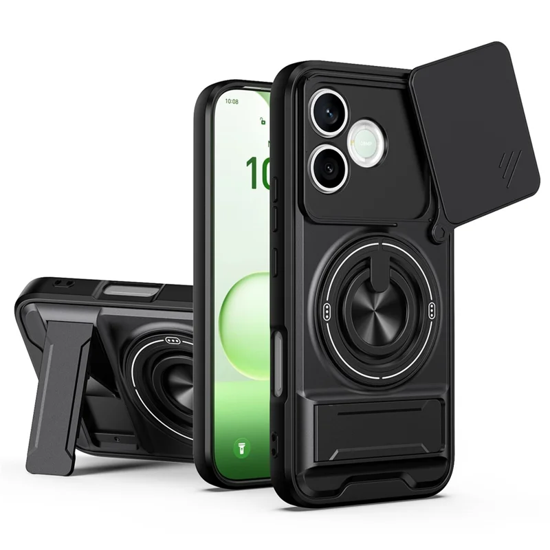 Magnetic Case For Honor 600 Lite 5G Ring Holder Foldable Kickstand TPU PC Phone Cover with Camera Lens Slider - Black