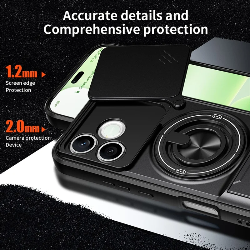 Magnetic Case For Honor 600 Lite 5G Ring Holder Foldable Kickstand TPU PC Phone Cover with Camera Lens Slider - Black