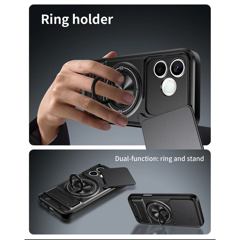 Magnetic Case For Honor 600 Lite 5G Ring Holder Foldable Kickstand TPU PC Phone Cover with Camera Lens Slider - Black