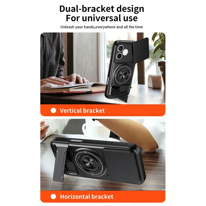 Magnetic Case For Honor 600 Lite 5G Ring Holder Foldable Kickstand TPU PC Phone Cover with Camera Lens Slider - Black