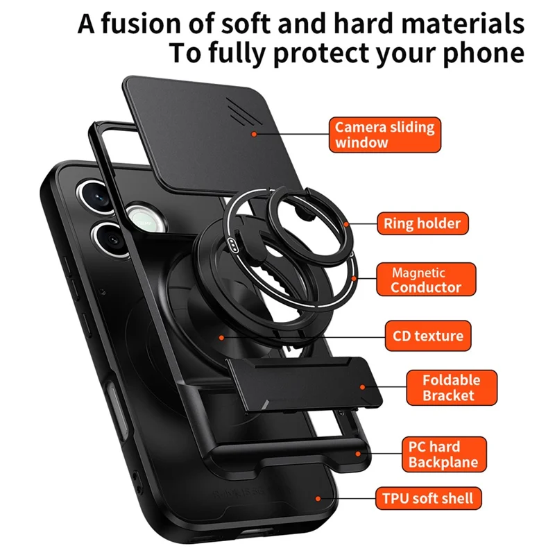 Magnetic Case For Honor 600 Lite 5G Ring Holder Foldable Kickstand TPU PC Phone Cover with Camera Lens Slider - Black