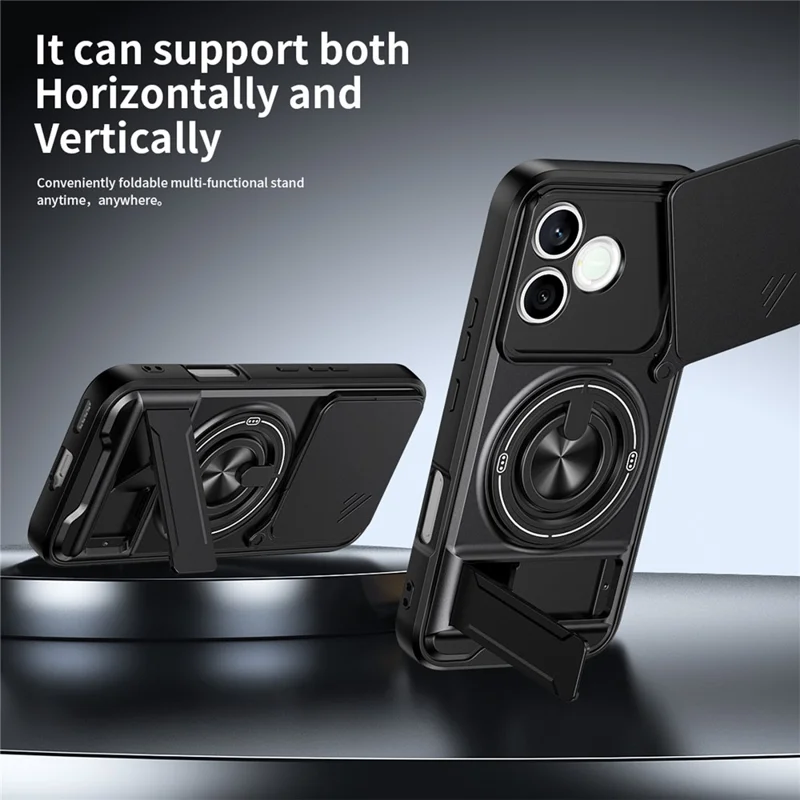 Magnetic Case For Honor 600 Lite 5G Ring Holder Foldable Kickstand TPU PC Phone Cover with Camera Lens Slider - Black