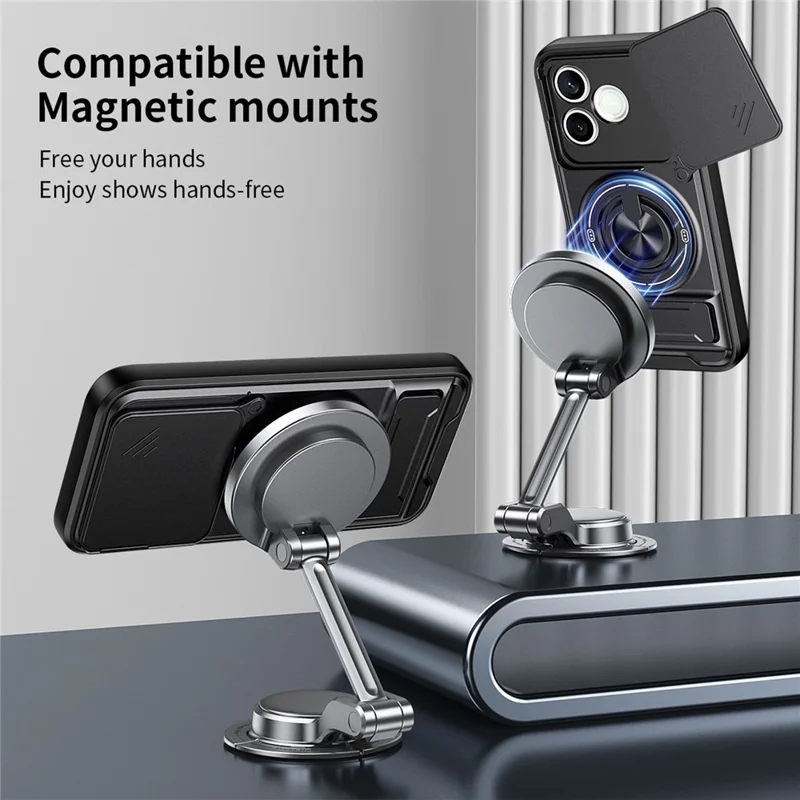 Magnetic Case For Honor 600 Lite 5G Ring Holder Foldable Kickstand TPU PC Phone Cover with Camera Lens Slider - Black