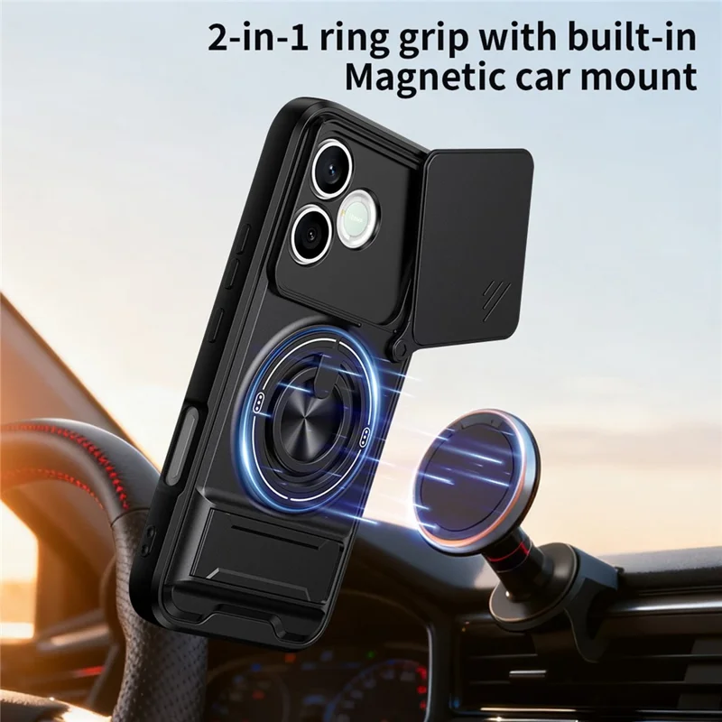 Magnetic Case For Honor 600 Lite 5G Ring Holder Foldable Kickstand TPU PC Phone Cover with Camera Lens Slider - Black