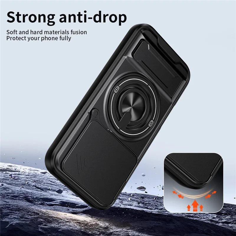 Magnetic Case For Honor 600 Lite 5G Ring Holder Foldable Kickstand TPU PC Phone Cover with Camera Lens Slider - Black