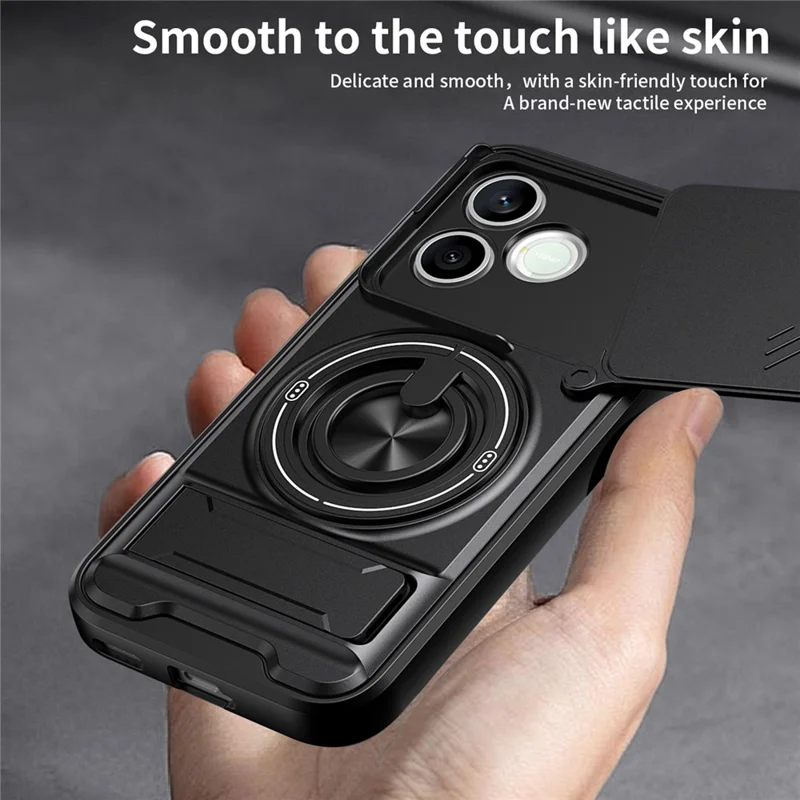 Magnetic Case For Honor 600 Lite 5G Ring Holder Foldable Kickstand TPU PC Phone Cover with Camera Lens Slider - Black