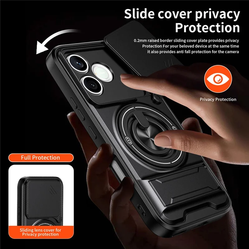Magnetic Case For Honor 600 Lite 5G Ring Holder Foldable Kickstand TPU PC Phone Cover with Camera Lens Slider - Black