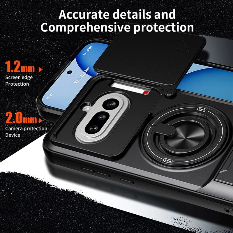 Magnetische Hülle für Nothing Phone (4a) mit Ringhalter, faltbarem Ständer, TPU-PC-Handyhülle mit schiebem Objektivschutz - Schwarz