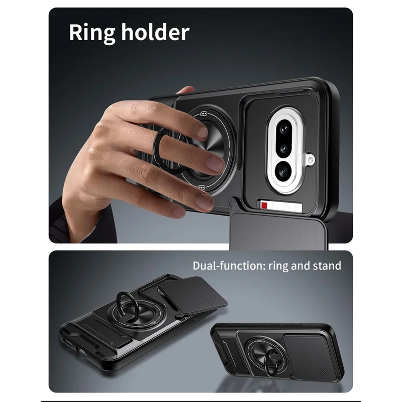 Magnetische Hülle für Nothing Phone (4a) mit Ringhalter, faltbarem Ständer, TPU-PC-Handyhülle mit schiebem Objektivschutz - Schwarz