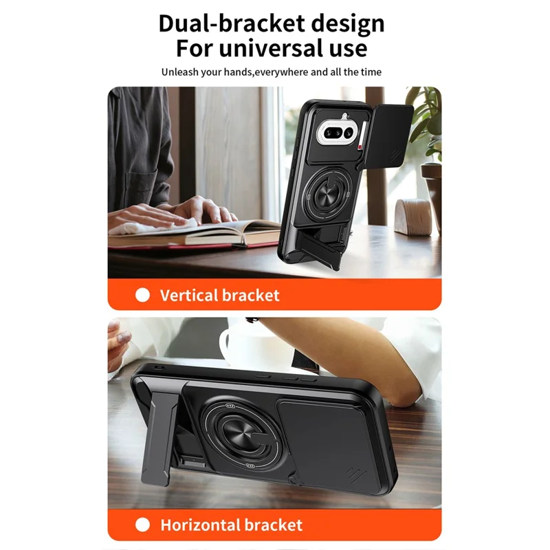 Magnetische Hülle für Nothing Phone (4a) mit Ringhalter, faltbarem Ständer, TPU-PC-Handyhülle mit schiebem Objektivschutz - Schwarz