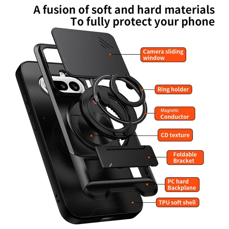 Magnetische Hülle für Nothing Phone (4a) mit Ringhalter, faltbarem Ständer, TPU-PC-Handyhülle mit schiebem Objektivschutz - Schwarz