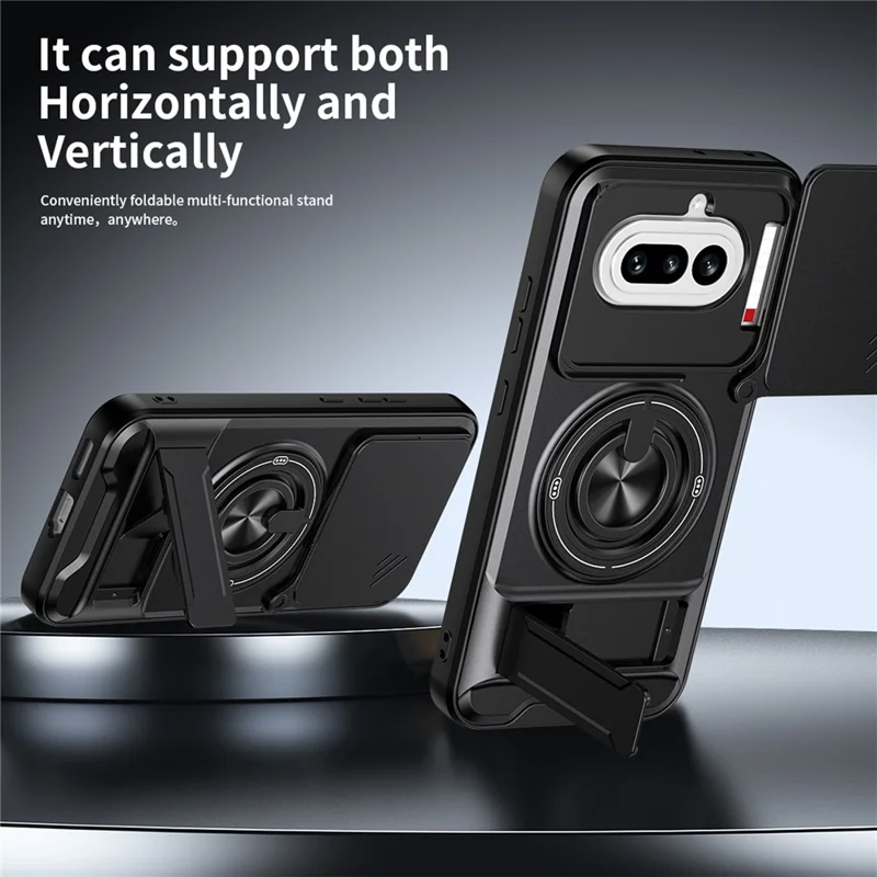 Magnetische Hülle für Nothing Phone (4a) mit Ringhalter, faltbarem Ständer, TPU-PC-Handyhülle mit schiebem Objektivschutz - Schwarz