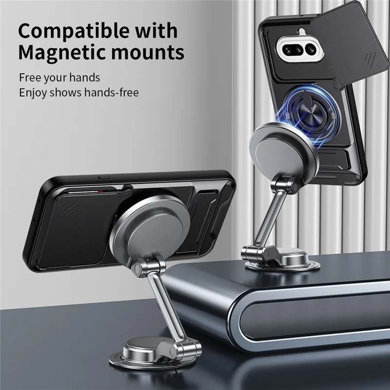 Magnetische Hülle für Nothing Phone (4a) mit Ringhalter, faltbarem Ständer, TPU-PC-Handyhülle mit schiebem Objektivschutz - Schwarz