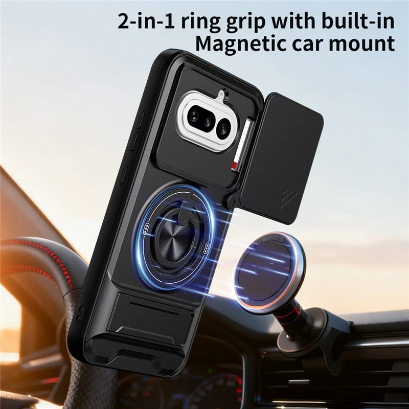 Magnetische Hülle für Nothing Phone (4a) mit Ringhalter, faltbarem Ständer, TPU-PC-Handyhülle mit schiebem Objektivschutz - Schwarz