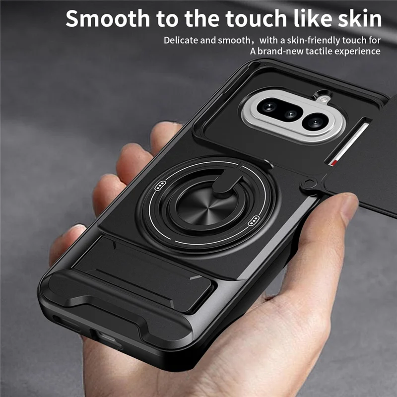 Magnetische Hülle für Nothing Phone (4a) mit Ringhalter, faltbarem Ständer, TPU-PC-Handyhülle mit schiebem Objektivschutz - Schwarz