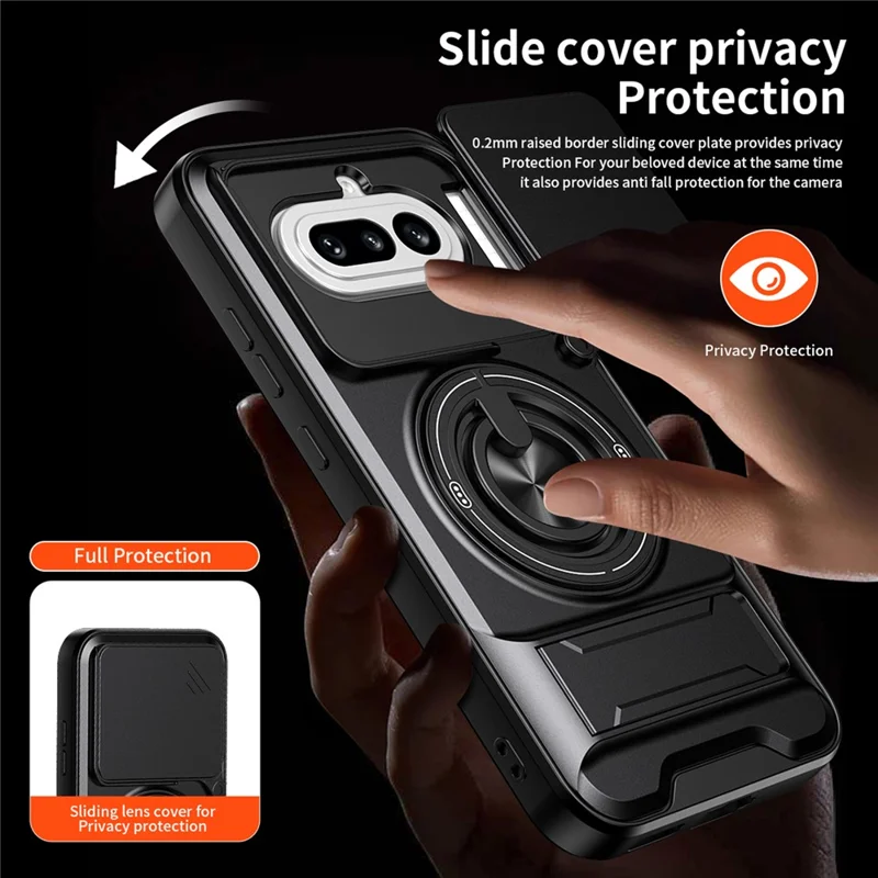 Magnetische Hülle für Nothing Phone (4a) mit Ringhalter, faltbarem Ständer, TPU-PC-Handyhülle mit schiebem Objektivschutz - Schwarz