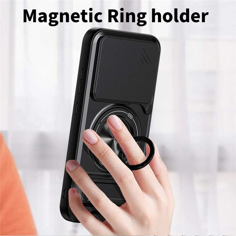 Magnetische Hülle für Nothing Phone (4a) mit Ringhalter, faltbarem Ständer, TPU-PC-Handyhülle mit schiebem Objektivschutz - Schwarz