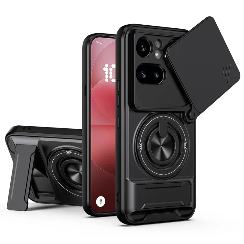 Magnetische Hülle für Nothing Phone (4a) Pro mit Ringhalter, faltbarem Ständer, TPU-PC-Handyhülle mit Kameraobjektiv-Schieber - Schwarz