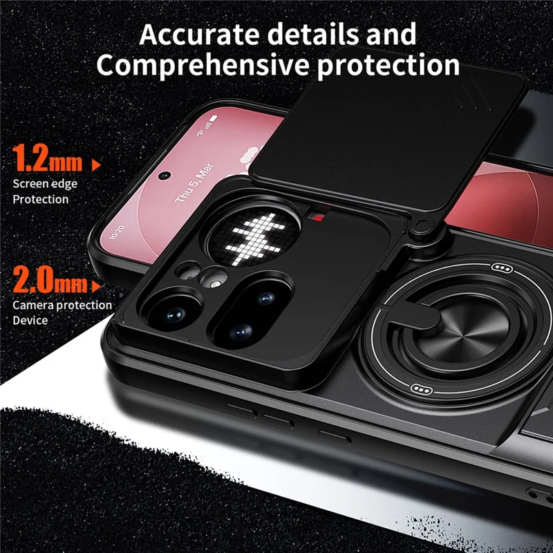 Magnetische Hülle für Nothing Phone (4a) Pro mit Ringhalter, faltbarem Ständer, TPU-PC-Handyhülle mit Kameraobjektiv-Schieber - Schwarz