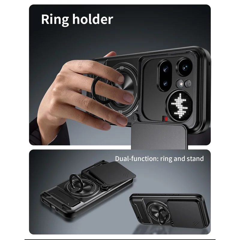 Magnetische Hülle für Nothing Phone (4a) Pro mit Ringhalter, faltbarem Ständer, TPU-PC-Handyhülle mit Kameraobjektiv-Schieber - Schwarz