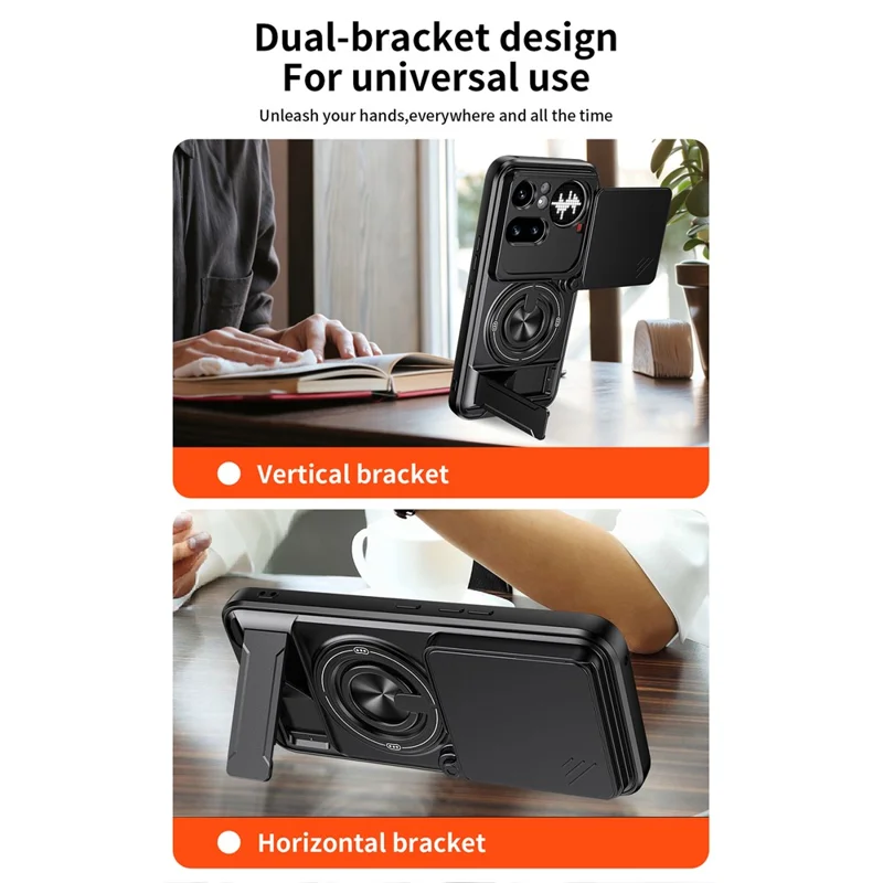 Magnetische Hülle für Nothing Phone (4a) Pro mit Ringhalter, faltbarem Ständer, TPU-PC-Handyhülle mit Kameraobjektiv-Schieber - Schwarz