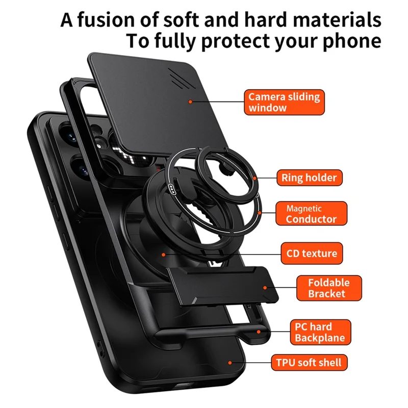 Magnetische Hülle für Nothing Phone (4a) Pro mit Ringhalter, faltbarem Ständer, TPU-PC-Handyhülle mit Kameraobjektiv-Schieber - Schwarz