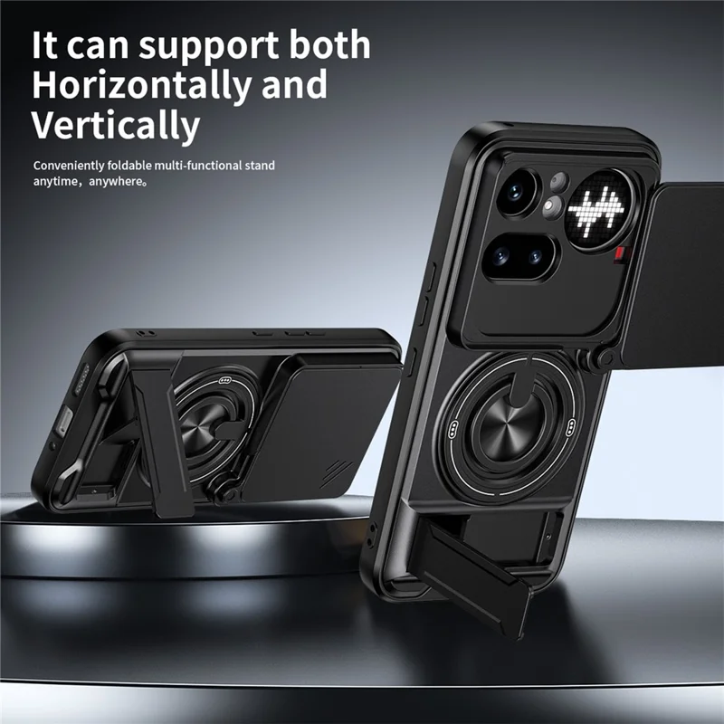 Magnetische Hülle für Nothing Phone (4a) Pro mit Ringhalter, faltbarem Ständer, TPU-PC-Handyhülle mit Kameraobjektiv-Schieber - Schwarz