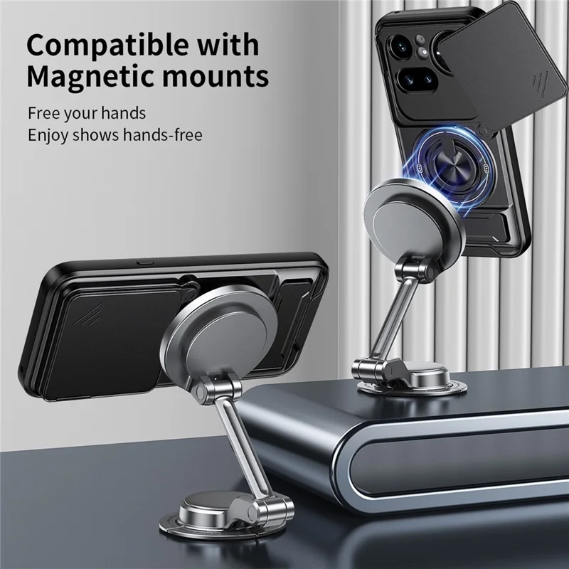 Magnetische Hülle für Nothing Phone (4a) Pro mit Ringhalter, faltbarem Ständer, TPU-PC-Handyhülle mit Kameraobjektiv-Schieber - Schwarz