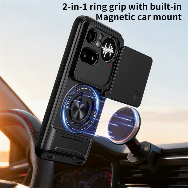 Magnetische Hülle für Nothing Phone (4a) Pro mit Ringhalter, faltbarem Ständer, TPU-PC-Handyhülle mit Kameraobjektiv-Schieber - Schwarz