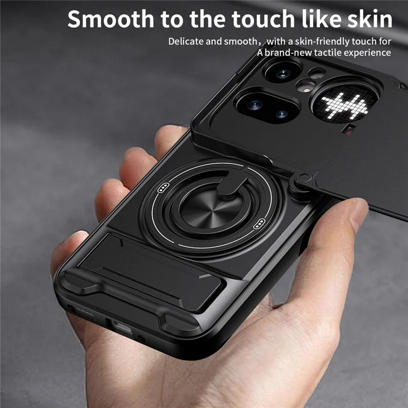 Magnetische Hülle für Nothing Phone (4a) Pro mit Ringhalter, faltbarem Ständer, TPU-PC-Handyhülle mit Kameraobjektiv-Schieber - Schwarz