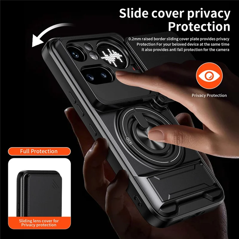 Magnetische Hülle für Nothing Phone (4a) Pro mit Ringhalter, faltbarem Ständer, TPU-PC-Handyhülle mit Kameraobjektiv-Schieber - Schwarz