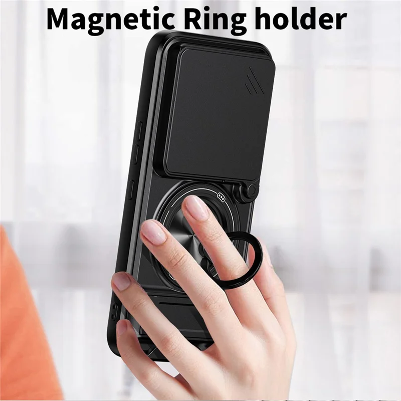Magnetische Hülle für Nothing Phone (4a) Pro mit Ringhalter, faltbarem Ständer, TPU-PC-Handyhülle mit Kameraobjektiv-Schieber - Schwarz