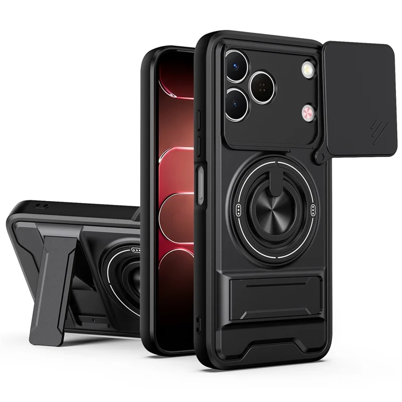 Magnetic Case For TECNO Spark 50 4G Ring Holder Foldable Kickstand TPU PC Phone Cover with Camera Lens Slider - Black