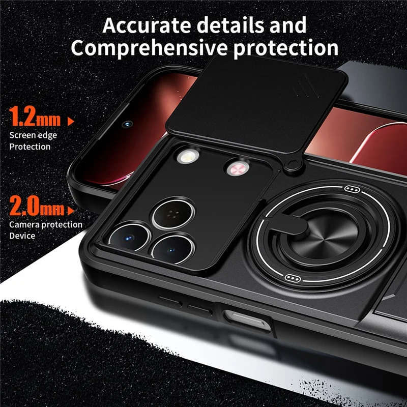 Magnetic Case For TECNO Spark 50 4G Ring Holder Foldable Kickstand TPU PC Phone Cover with Camera Lens Slider - Black