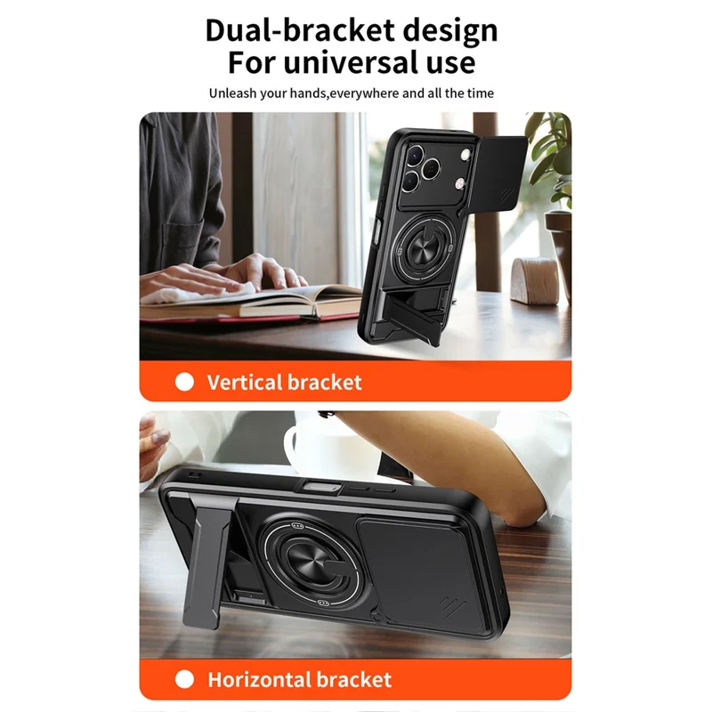 Magnetic Case For TECNO Spark 50 4G Ring Holder Foldable Kickstand TPU PC Phone Cover with Camera Lens Slider - Black