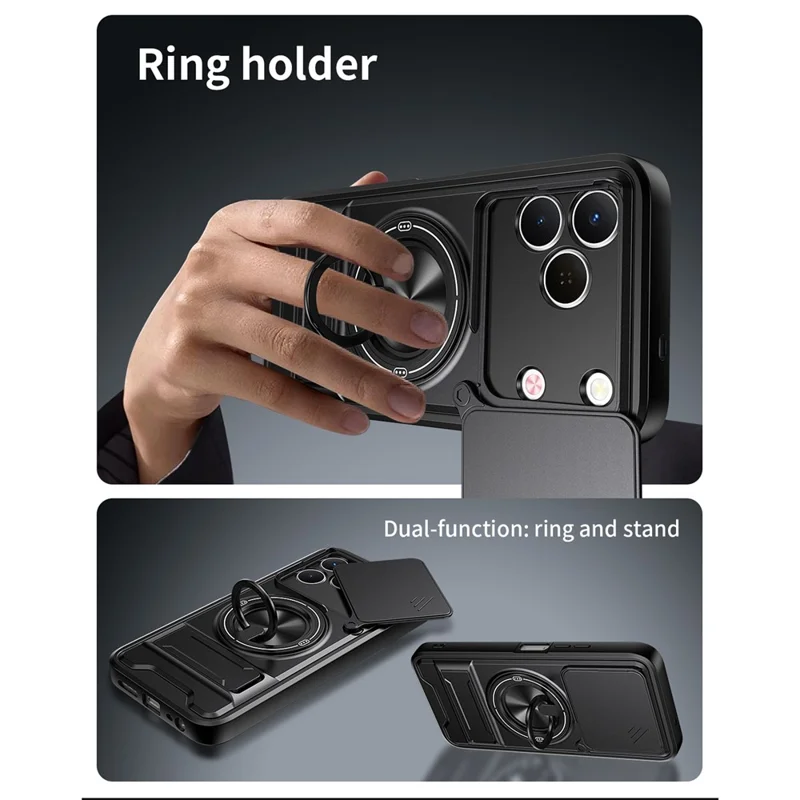 Magnetic Case For TECNO Spark 50 4G Ring Holder Foldable Kickstand TPU PC Phone Cover with Camera Lens Slider - Black