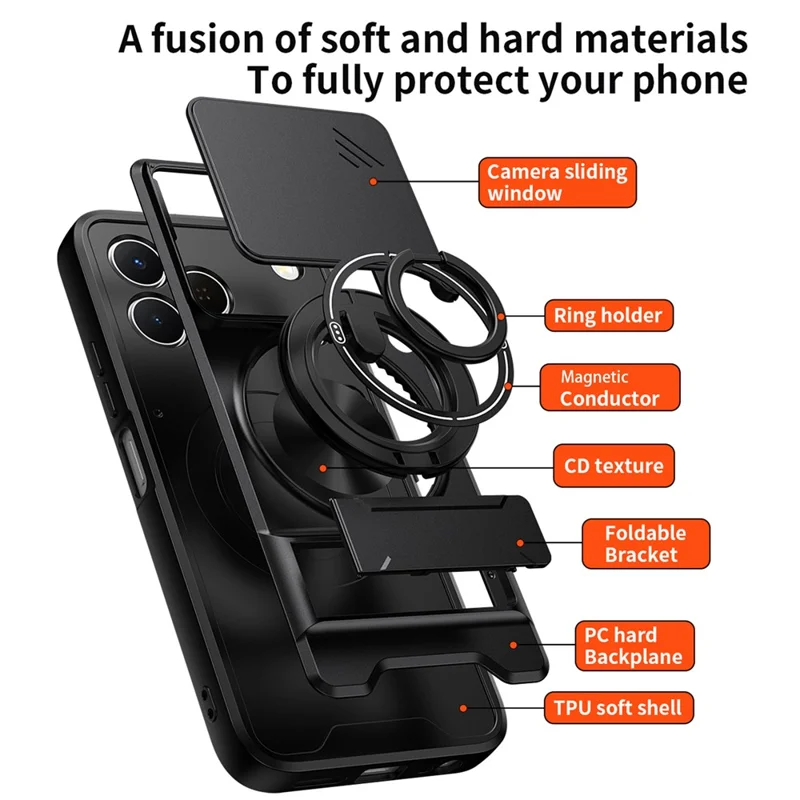 Magnetic Case For TECNO Spark 50 4G Ring Holder Foldable Kickstand TPU PC Phone Cover with Camera Lens Slider - Black