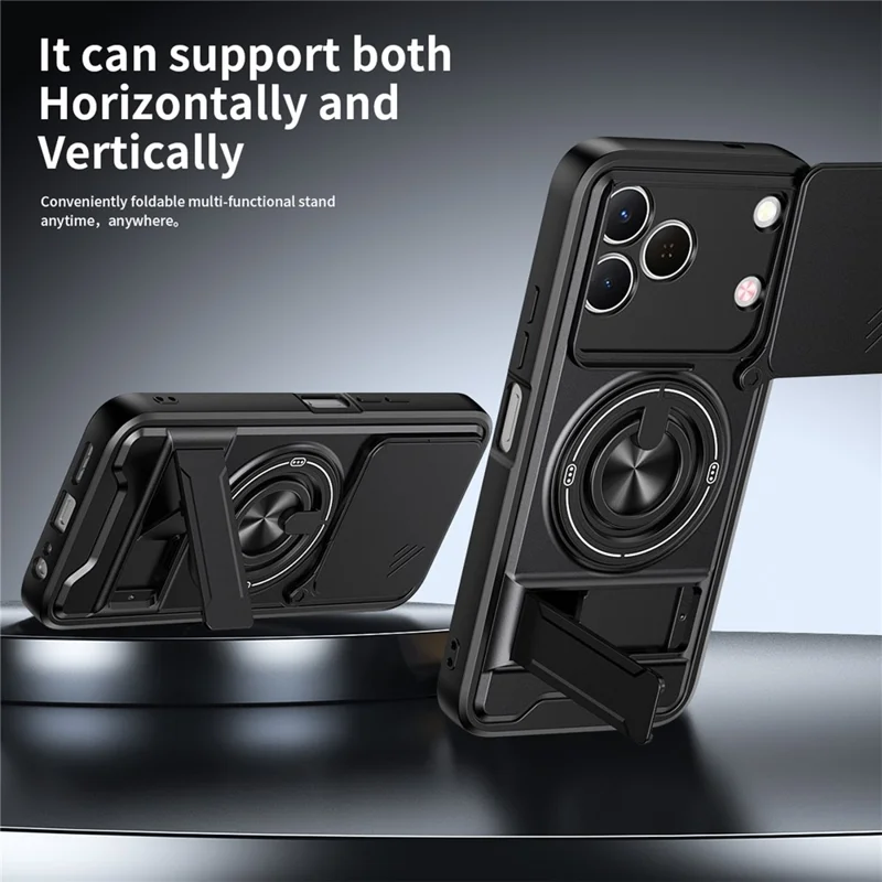 Magnetic Case For TECNO Spark 50 4G Ring Holder Foldable Kickstand TPU PC Phone Cover with Camera Lens Slider - Black