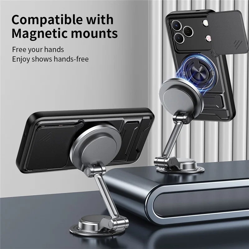 Magnetic Case For TECNO Spark 50 4G Ring Holder Foldable Kickstand TPU PC Phone Cover with Camera Lens Slider - Black