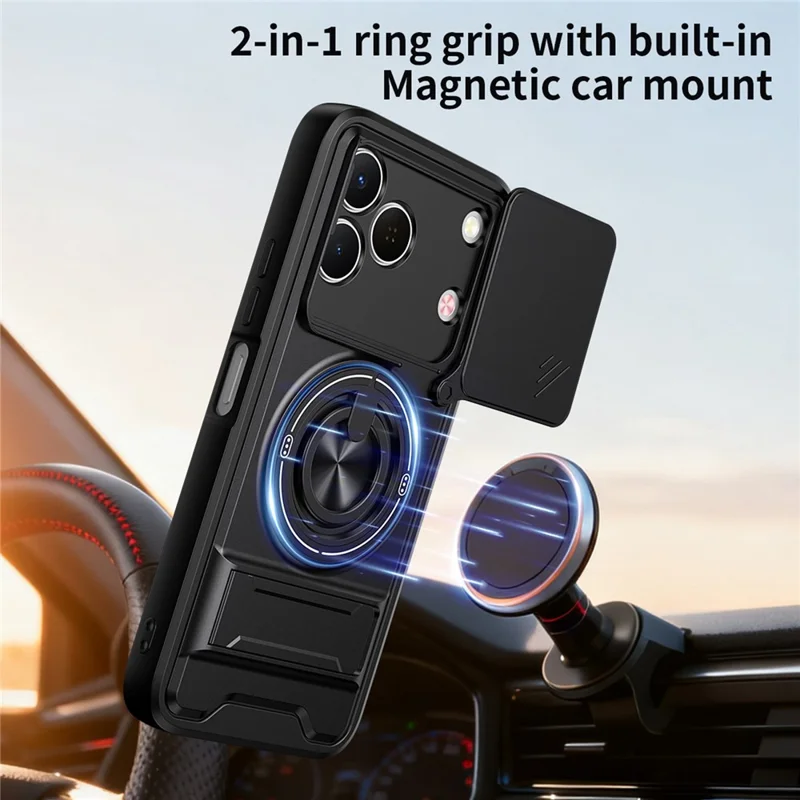 Magnetic Case For TECNO Spark 50 4G Ring Holder Foldable Kickstand TPU PC Phone Cover with Camera Lens Slider - Black