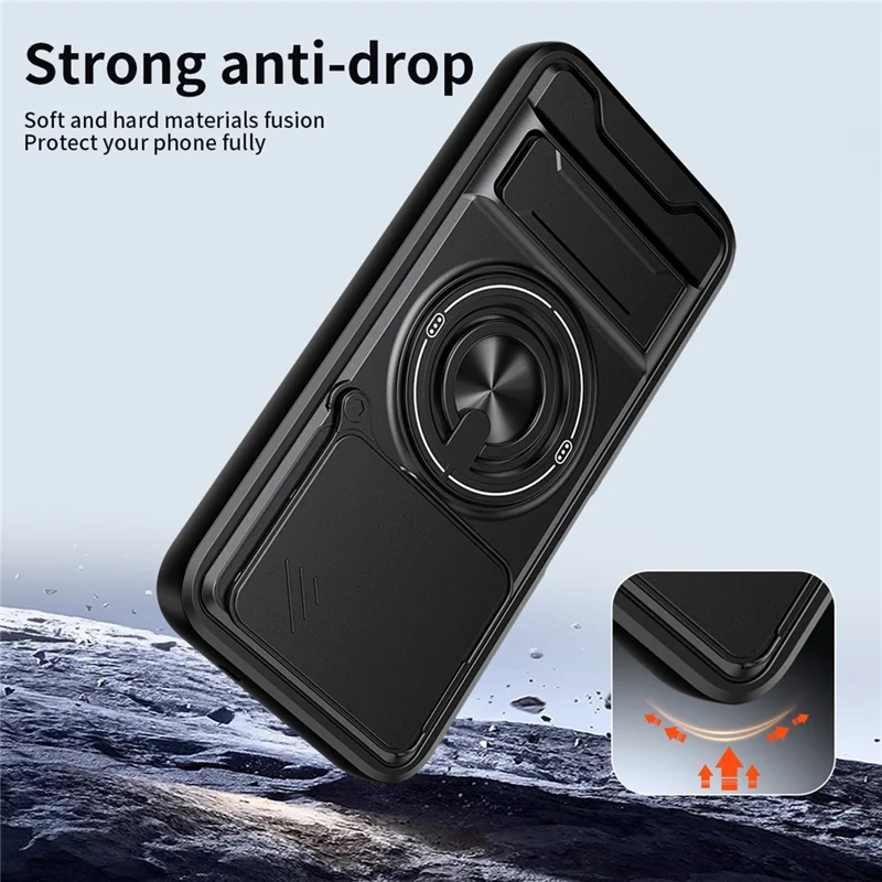 Magnetic Case For TECNO Spark 50 4G Ring Holder Foldable Kickstand TPU PC Phone Cover with Camera Lens Slider - Black