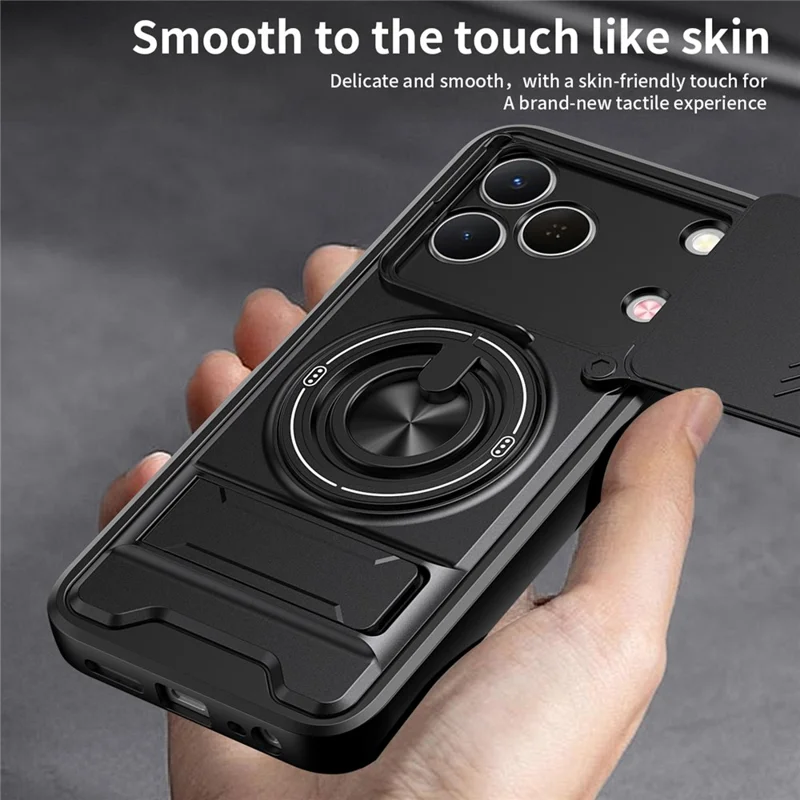 Magnetic Case For TECNO Spark 50 4G Ring Holder Foldable Kickstand TPU PC Phone Cover with Camera Lens Slider - Black