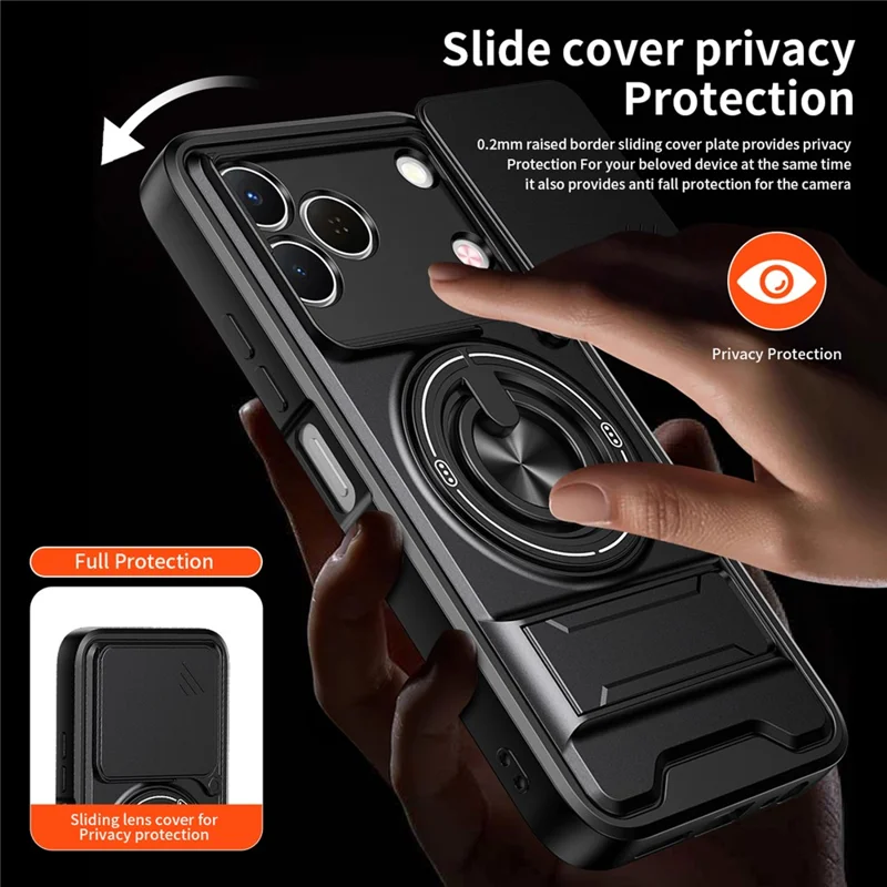 Magnetic Case For TECNO Spark 50 4G Ring Holder Foldable Kickstand TPU PC Phone Cover with Camera Lens Slider - Black