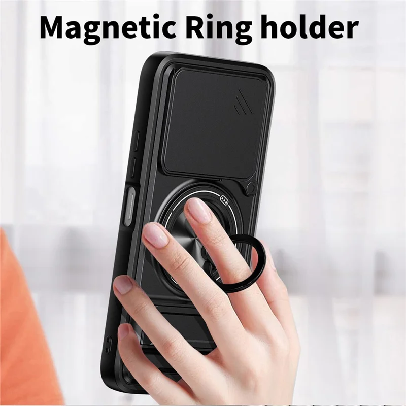 Magnetic Case For TECNO Spark 50 4G Ring Holder Foldable Kickstand TPU PC Phone Cover with Camera Lens Slider - Black