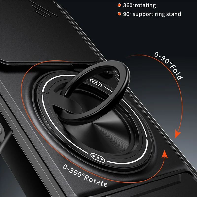 Magnetic Case For TECNO Spark 50 4G Ring Holder Foldable Kickstand TPU PC Phone Cover with Camera Lens Slider - Black