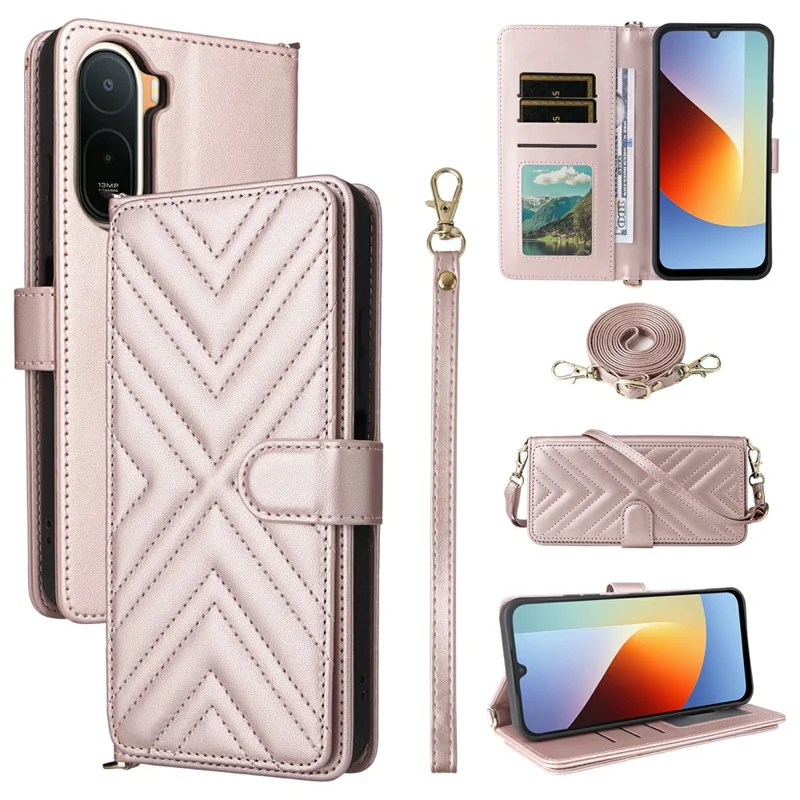 Leather Case for Xiaomi Poco C85x 5G / Poco C81 4G / Poco C81 Pro 4G / Redmi A7 Pro 4G (171.56mm) / Redmi A7 Pro 5G Stand Wallet Phone Cover with Shoulder  /  Wrist Strap - Pink