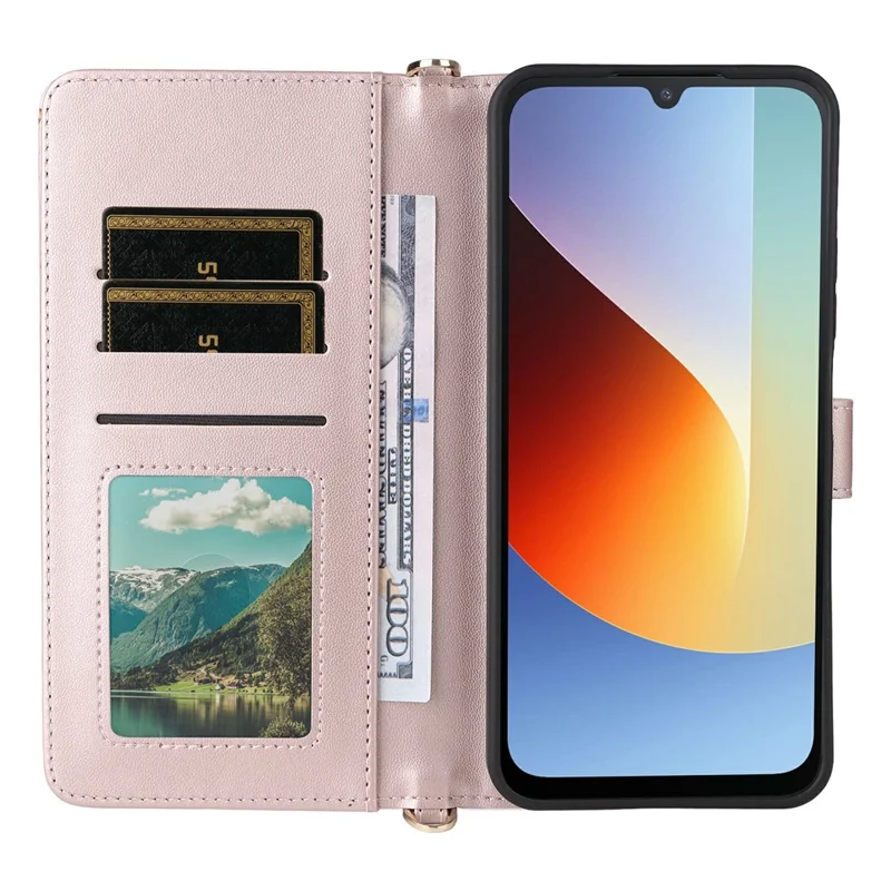 Leather Case for Xiaomi Poco C85x 5G / Poco C81 4G / Poco C81 Pro 4G / Redmi A7 Pro 4G (171.56mm) / Redmi A7 Pro 5G Stand Wallet Phone Cover with Shoulder  /  Wrist Strap - Pink