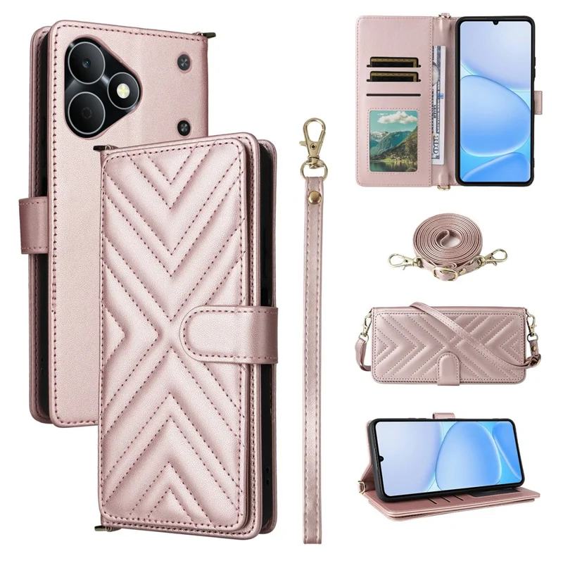 For Realme Note 80 4G Leather Case Stand Wallet Phone Cover with Shoulder  /  Wrist Strap - Pink